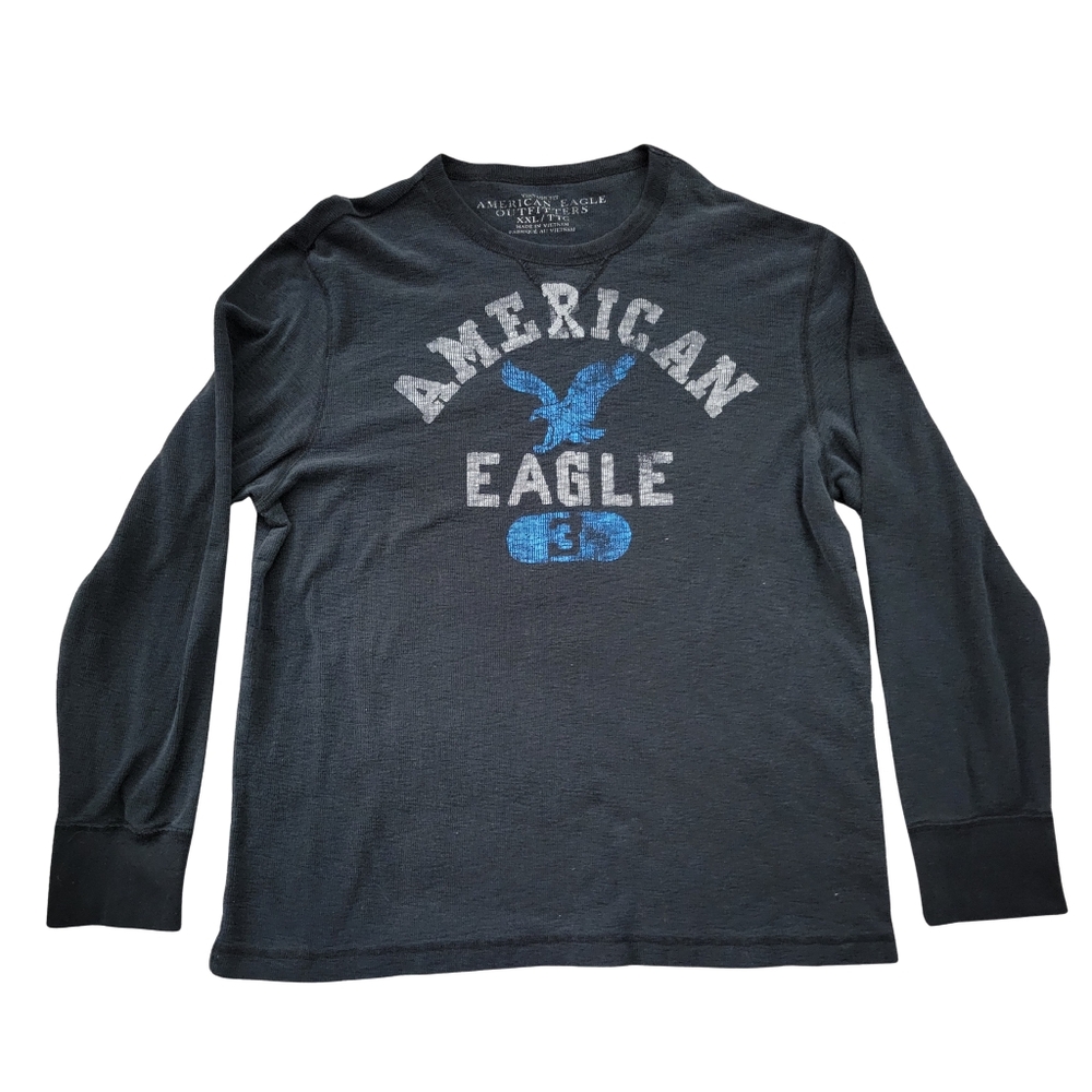 American Eagle Mens 2XL Long Sleeve Thermal Waffle Knit Shirt Black Y2K Grunge